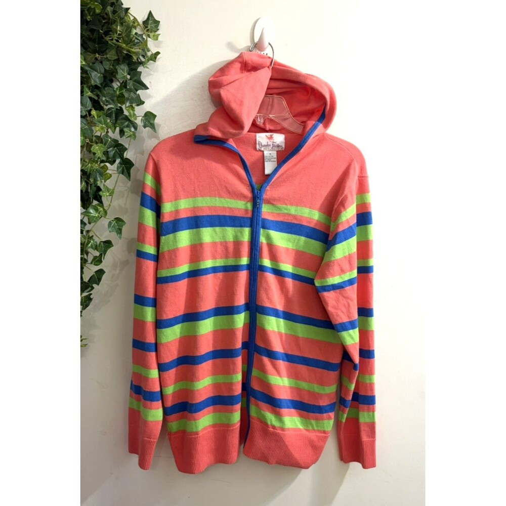 Quacker Factory Women M Pink Striped Cardigan Set Knit Rhinestone Resort Hoodie
